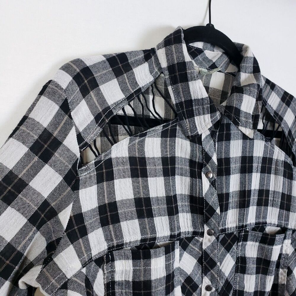 Free People Boho Western Plaid Shirt Womens XS Plaid Grunge Lace-Up Cut-Out - Picture 4 of 12